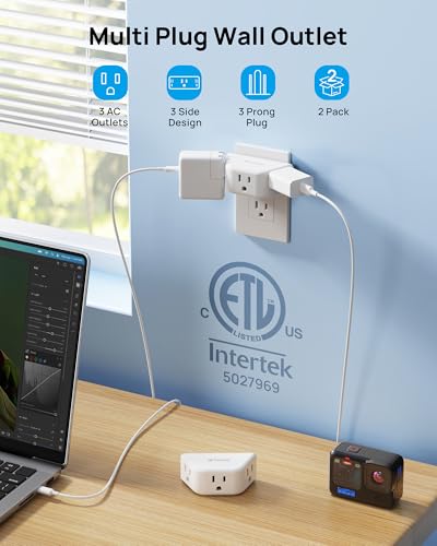 TROND 3AC Prong Outlet Extender 2 Pack - Bathroom Power Splitter, White, 3-Socket
