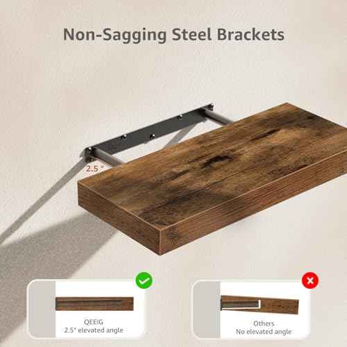 QEEIG Bathroom Floating Shelves for Wall - 15.7" Wall Mounted Shelf Over Toilet Farmhouse Home Decor Display Bookshelf Small 15.7 x 6.7 inch Set of 2, Rustic Brown (008-40BN)