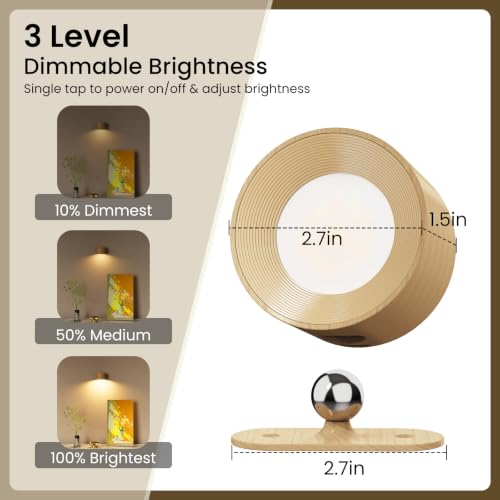 Koopala Wood-A Rechargeable LED Wall Sconce with Magnetic 360° Rotation - Cordless Bedside Reading Light, 3 Color Temperatures & Brightness Levels