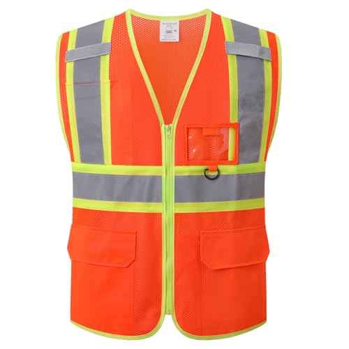 Safety Vest for Men Women,Hi Vis Construction Mesh Class 2 High Visibility Reflective Vest with Pockets,Meets ANSI/ISEA Standards(EK1-178-Orange-M)