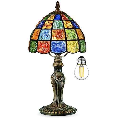 Small Tiffany Lamp Stained Glass Table Lamp Crystal Square Style,8 Inches Wide Lamp Shade Tiffany Style Night Light,15.7 Inches Tall Vintage TLamp for Bedroom Bedside