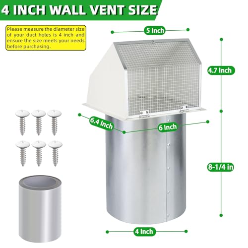 4 Inch White Hooded Exterior Dryer Vent Cover with Screen & Damper (Galvanized Steel) – Wall Mount