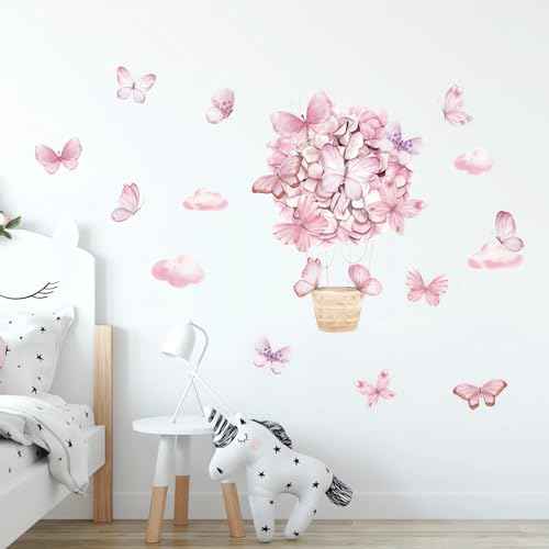 Pink Butterfly Hot Air Balloon Wall Stickers, sacinora DIY Cartoon Art Wall Decals Removable Vinyl Peel and Stick for Kids Baby Girl Nursery Bedroom Children's Room Studyroom Playroom Decorations