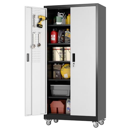 Heavy-Duty 71x32x16 in Metal Garage Storage Cabinet on Wheels with Pegboards, 5 Adjustable Shelves