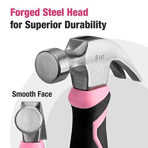 WORKPRO 8 oz Claw Hammer with Fiberglass Handle, All Purpose Hammer with Forged Hardened Steel Head, Pink Ribbon
