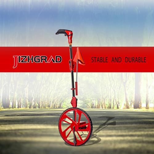 JIZHGRAD Distance Measuring Wheel with 12.5” Wheel, Red Mechanical, 9999.9 Ft, Flags & Carry Bag