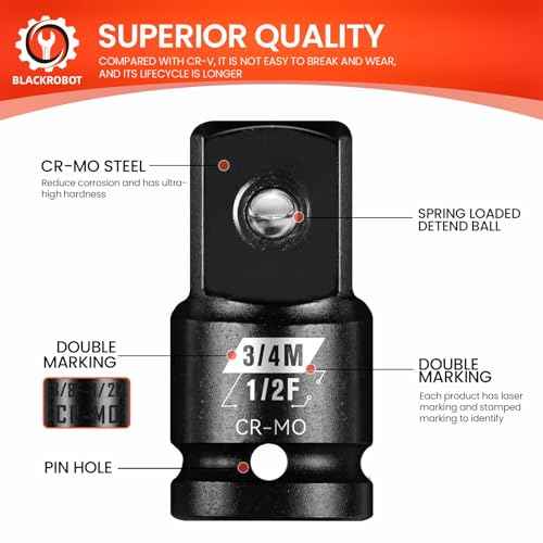 BLACKROBOT 1/2¡±F To 3/4¡±M Impact Socket Adapter, Cr-Mo Steel Exceeds ANSI Standards, Square Drive Reducer for Impact Driver Wrench