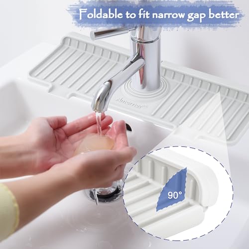 Amerner 14.2 x 5.1 Inch White Silicone Sink Splash Guard & Faucet Mat - Kitchen & Bathroom Organizer