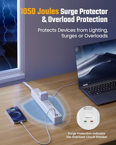 SUPERDANNY 10Ft Flat Extension Cord with Surge Protector Power Strip White