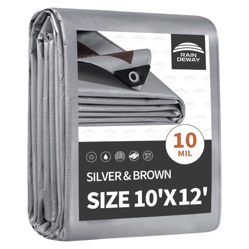 RAINDEWAY Heavy Duty Waterproof Tarp 10x12 Feet, 10 Mil Silver or Brown Finish