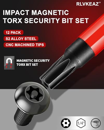 RLVKEAZ 12-Piece Security Torx Bit Set, 3-Inch Impact Magnetic T5-T40, S2 Steel