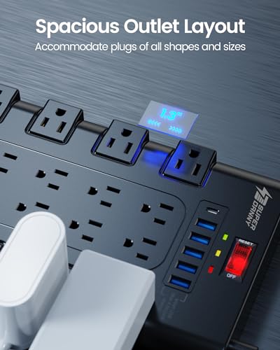 SUPERDANNY Black Power Strip Surge Protector with 22 Outlets & 6 USB, 6.5ft Cord