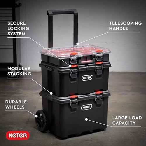Keter Stack-n-Roll Modular Tools Organizer for Garage Storage and DIY, 3 Piece Resin Rolling Tool Box System for Small Parts, Black