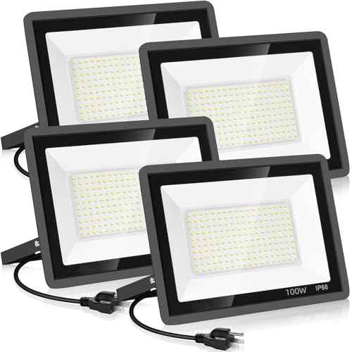 4 Pack 100W LED Flood Light,Super Bright Exterior Security Lights With Plug,IP66 Waterproof Outdoor Flood Light, 11600lm 5000K Daylight White Floodlight for Yard, Garden,Basketball Court, Arena