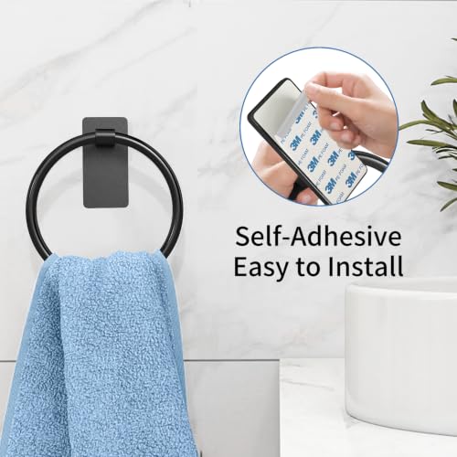 STWWO Black Adhesive Hand Towel Ring for Bathroom, No Drill, Rustproof