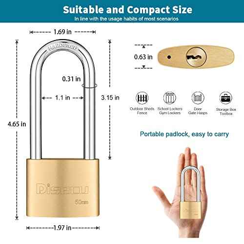 Solid Brass Keyed Padlock, 2 Inch (50mm) Wide Body, 3.2 Inch Long Shackle Outdoor Waterproof Lock with Keys for Shed, Gate, School Gym Locker, Fence, Hasp Storage (2 Pack)