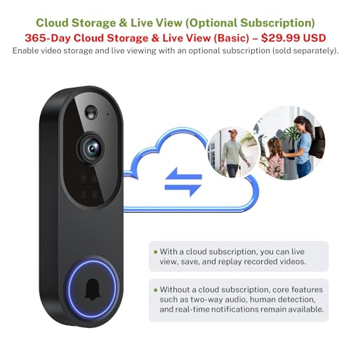 Lunelyx Black 1080P Wireless Video Doorbell Camera with Night Vision, AI Human Detection, Two-Way Audio & Cloud Storage