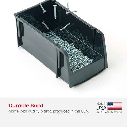 IRIS USA Medium Stackable Storage Bins, 4-Pack, 11" L x 6" W x 5" H, |Made in USA|, Plastic Open Front Shelf Bin for Organizing Parts, Hardware, Tools, Supplies, Garage Shelf, Pantry - Black
