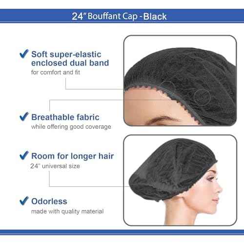 Disposable Bouffant Caps 100pcs,24inches Hair Net, Elastic Dust Cap for Food Service,Salon,Spa,Kitchen Head Cover (Black)