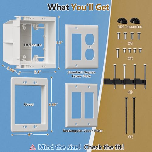 Dremica 2-Gang Recessed Outlet Box for Wall Mount TVs - Includes Covers, 1 Pack