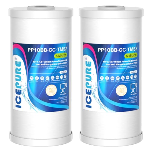 ICEPURE 2-Pack 5 Micron 10" x 4.5" Whole House Sediment & Iron Manganese Water Filter with PP Cotton and Resin