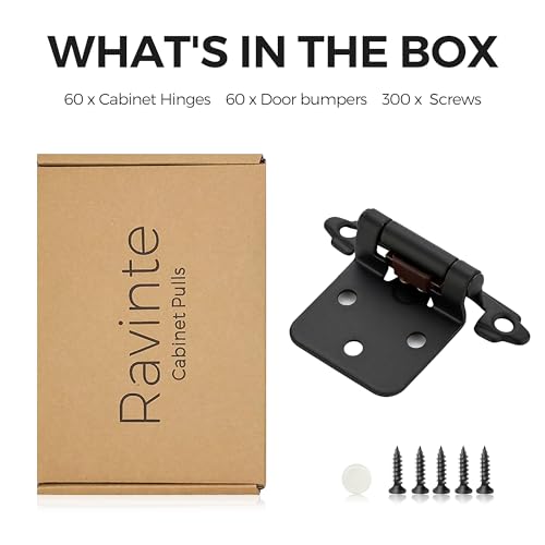 Ravinte Black Cabinet Hinges 1/2 Inch Overlay - 60 Pack (30 Pairs) with Bumpers