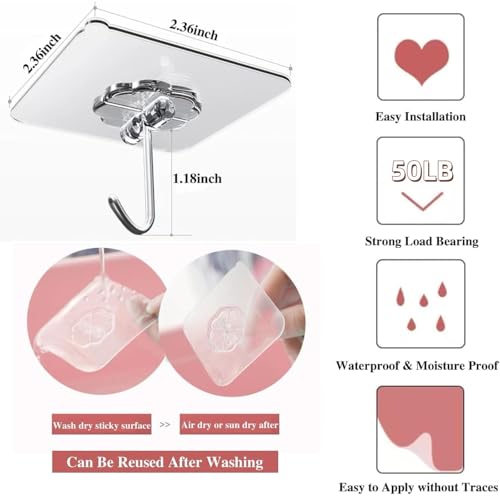 DDMY Transparent Adhesive Wall Hooks 50lb Max, Heavy Duty, 10 Pack