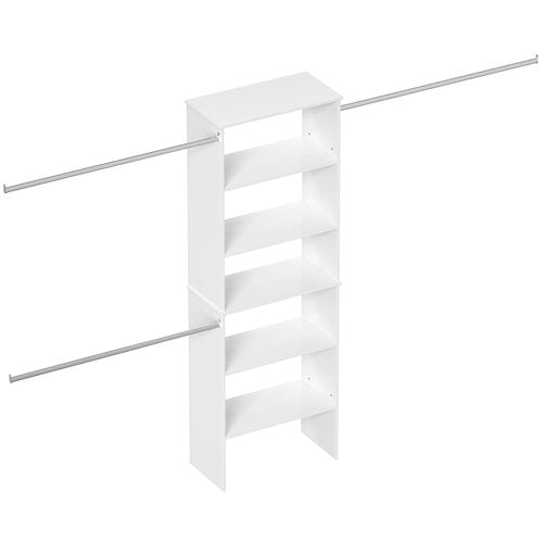 ROOMTEC Closet System, 25.5" Wide Wall-Mounted Closet Organizer Kit with Wood Storage Tower and 3 Hanging Rods, Wardrobe Closet System for Walk-In Closets, White