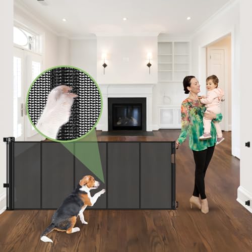 96-Inch Wide Reinforced Retractable Baby Gate, Black, 33" Tall, Space-Saving