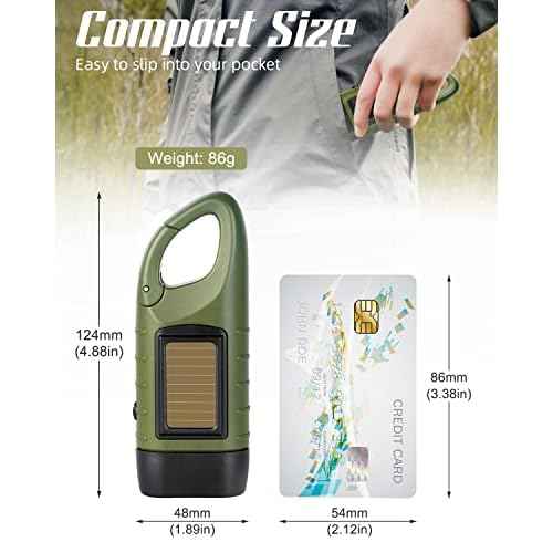 SEANCHEER Hand Crank Solar Powered Flashlights,Compact Emergency Rechargeable LED Flashlight Handheld Survival Flashlight,Quick Snap Carbiner Dynamo Flashlight for Outdoor,Sports,Hiking-Army Green