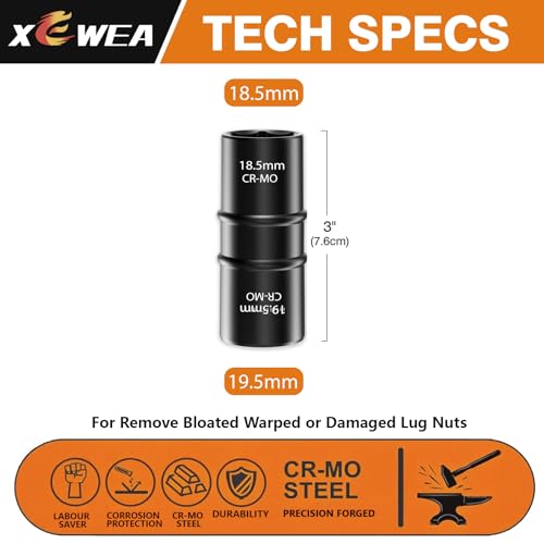 XEWEA 1/2 Inch Drive 18.5mm x 19.5mm Thin Wall Impact Flip Socket, Lug Nut Impact Socket Set Double Ended Thin Wall Nut Sockets CR-MO Twist Removal Tool for Stripped Rusted Bolts