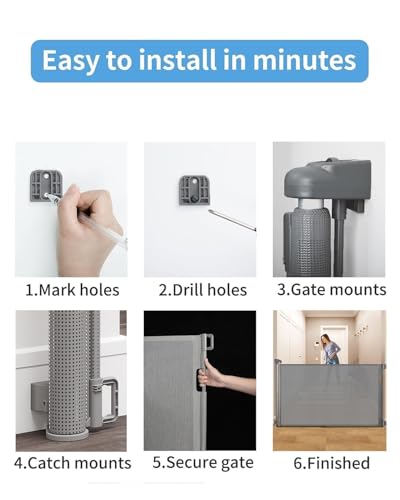 Gray Retractable Dog & Baby Gate for Stairs 33x55 Inches Drill Mount