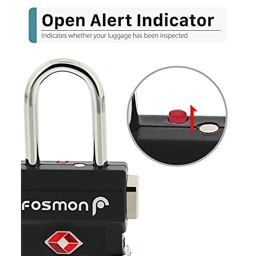 Fosmon TSA Accepted Luggage Locks, (4 Pack) Open Alert Indicator 3 Digit Combination Padlock Codes with Alloy Body and Release Button for Travel Bag, Suit Case & Luggage - Black