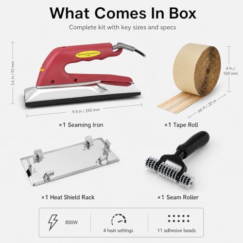 QWORK 10in 800W Carpet Seaming Iron Kit with 66ft Tape & Extra-Wide Roller