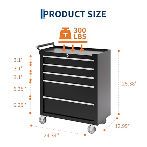 Garvee Black 5-Drawer Rolling Tool Chest Cabinet with Locking System, 24in Toolbox on Wheels