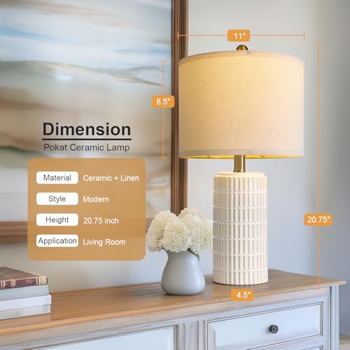 PoKat 20.75" Small Ceramic Table Lamps Set of 2 - Beige & White Modern Bedroom Lighting