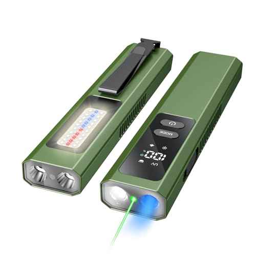 EDC Flat Flashlight High Lumens, Rechargeable Pocket Light with White/Warm LED, UV, Gream Beam, Flash Combo, 4 Bright Modes, Double Magnetic Base, for Outdoors, Emergency, Work, Detection (Green)