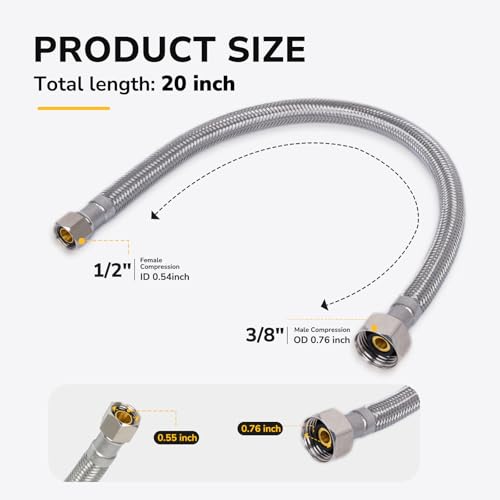 KAINGA 20-Inch Braided Stainless Steel Faucet Supply Line 3/8