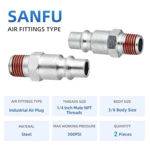 SANFU 3/8 High Flow Air Hose Fittings, 3/8 Inch Body Size, M-Type Plug, 1/4 Inch Male Threads Size, Pre-Coated Adhesive, Steel Material, 300PSI, 2 Pieces