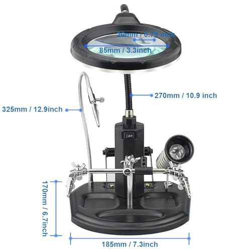 MMOBIEL LED Light Helping Hand Magnifier Station for Soldering, Assembly, Repair,Modeling, Hobbies and Crafts - 2.5X /4X LED Light - Hands-Free Magnifying Glass Stand - Incl. Clamp and Alligator Clips