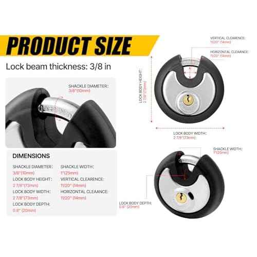 DAYGOS Outdoor Padlock for Storage Unit, Waterproof Stainless Steel Disc Lock with Rubber Bumper for Sheds,Gate and Fence, Heavy Duty Discus Keyed Pad Lock (3/8-Inch Shackle)