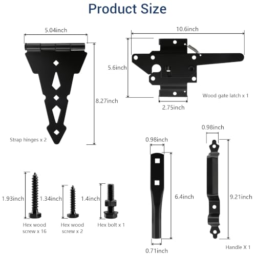 8-Inch Heavy Duty Decorative Strap Hinges with Spring Latch for Fence Gate - Black, Reversible, Easy Install