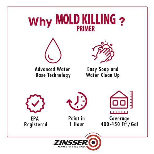 Zinsser Mold Killing Primer Quart - Water-Based Fungicidal Coating, EPA Registered, White