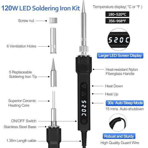 120W LED Soldering Iron Kit, 7s Fast Heating Adjustable Temp 356-968¢µ Auto Sleep Precision Welding Gun Tools Electronics Repair with Solder Wire, 5 Soldering Tips, Desoldering Pump, Stand, Tweezers