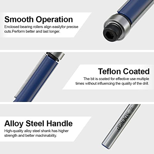 Flush Trim Router Bits 1/4 Inch Shank, 1/4 Inch Cutting Diameter, 3/4 Inch Cutting Height, Bottom Bearing Flush Straight Cut Trim Router Bit for Woodworking