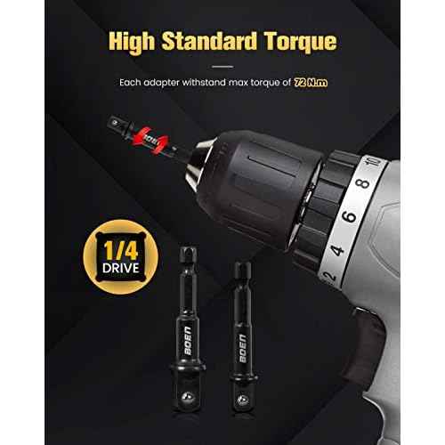 BOEN Impact Grade Socket Adapter Set, 3-PCS Drill Bit Adapter with Bit Holder, Sizes 1/4", 3/8", 1/2", 1/4-Inch SAE Hex Shank, Cr-V with Black Phosphate Finish