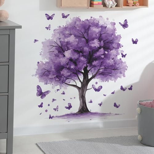 Purple Tree Wall Decals Removable Purple Butterfly Wall Stickers Peel and Stick Vinyl Plant Wall Decor Waterproof for Bedroom Living Room Bathroom Decorations