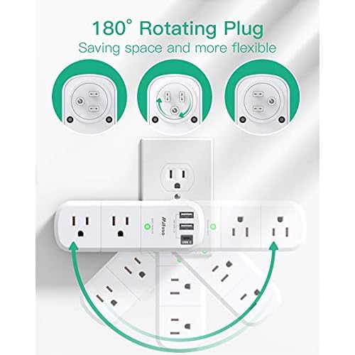 Outlet Extender with Rotating Plug, Mifaso Surge Protector 6 AC Multi Plug Wall Outlets and 3 USB Ports, 1800 Joules, 3-Sided Swivel Power Strip Spaced Splitter for Home, Travel, Dorm Room Essentials