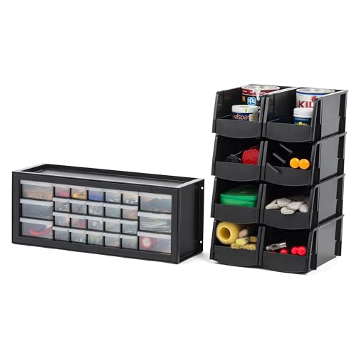 IRIS 26-Drawer Parts & Hardware Cabinet with 11x6x5 Stackable Open Front Storage Bins – Black, 8-pack