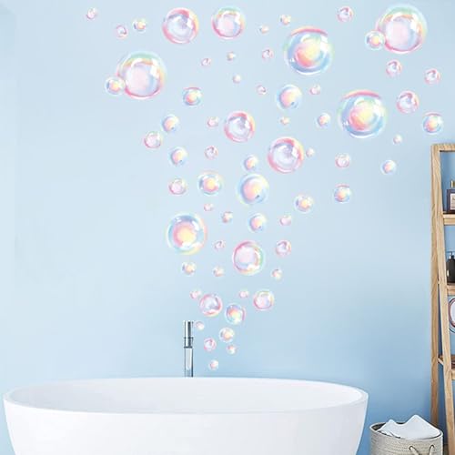 56pcs Rainbow Bubble Wall Decal Stickers Background Decor for Sea Ocean Theme Party Birthday Water Bath Mirror Decorations for Bathroom Peel and Stick Removable Vinyl Stickers(Bubbles)